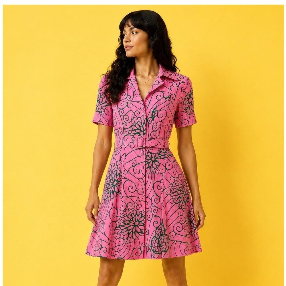 Vintage 60s Bubblegum Pink Green Print Dress Mod MCM Small Belted‎ Button Front